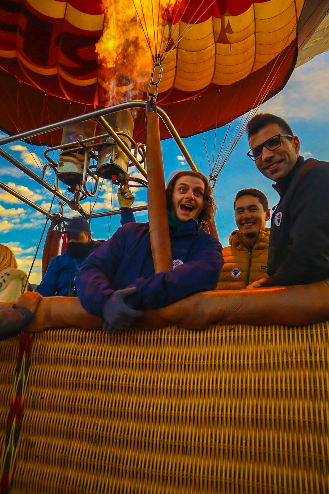 Birthday balloon flight: family group in the basket of a hot air balloon in Teotihuacan